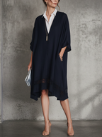 Navy & White Patchwork Shirt Collar Short-Sleeve Midi Dress