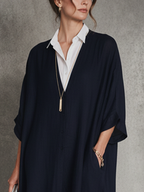 Navy & White Patchwork Shirt Collar Short-Sleeve Midi Dress