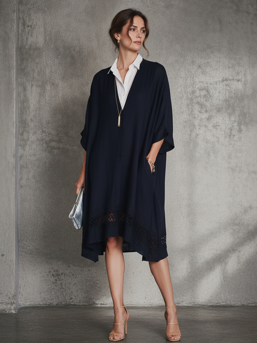 Navy & White Patchwork Shirt Collar Short-Sleeve Midi Dress