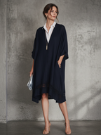 Navy & White Patchwork Shirt Collar Short-Sleeve Midi Dress