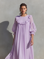 Lavender Chiffon Puff Sleeve Ruffle Trim Midi Dress