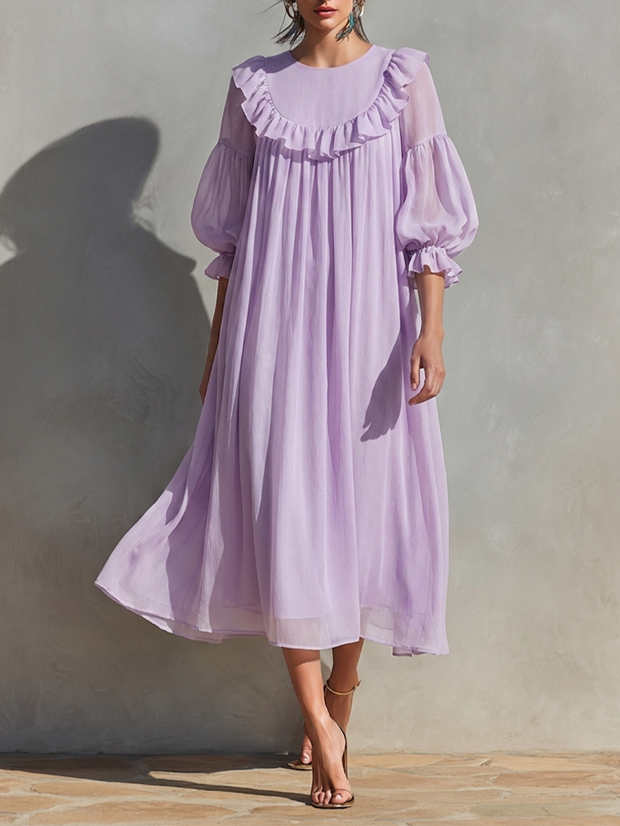 Lavender Chiffon Puff Sleeve Ruffle Trim Midi Dress