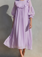 Lavender Chiffon Puff Sleeve Ruffle Trim Midi Dress