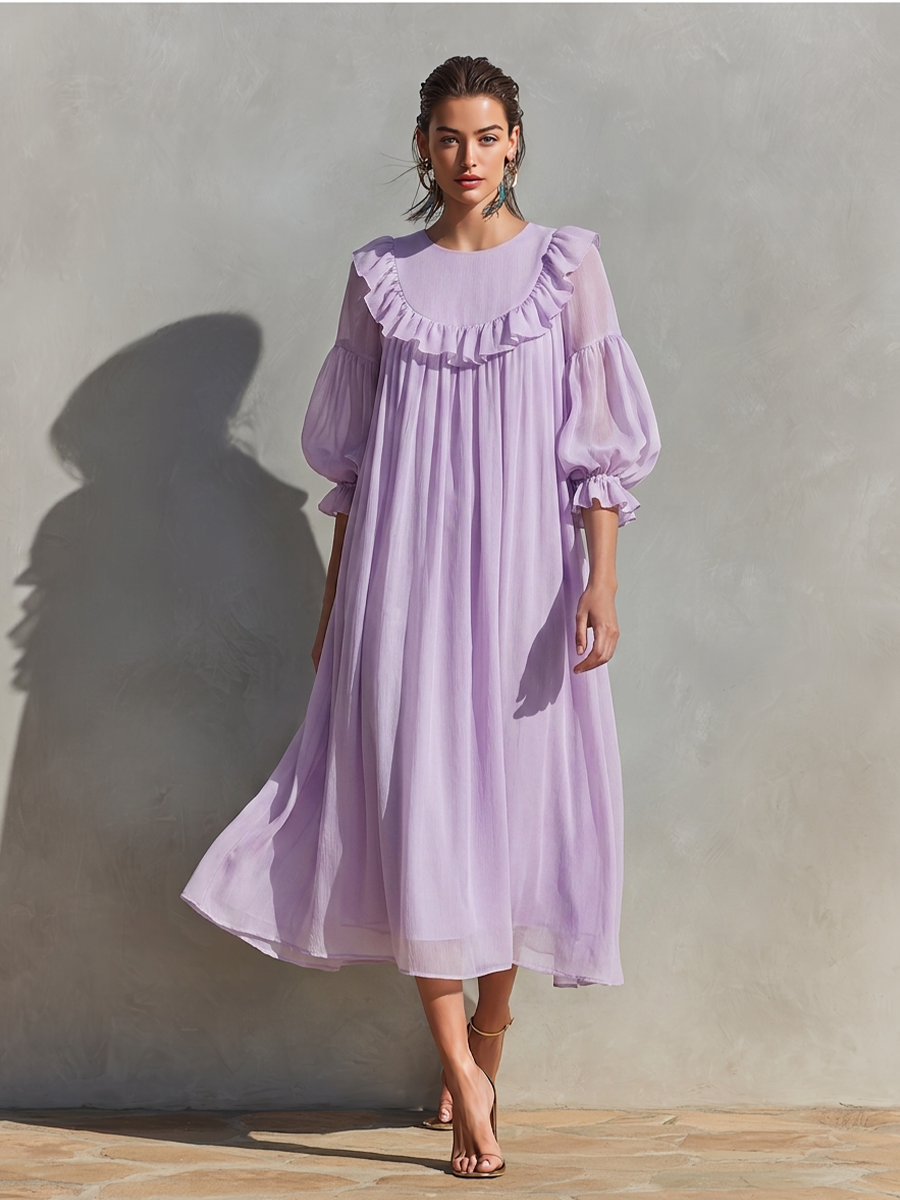 Lavender Chiffon Puff Sleeve Ruffle Trim Midi Dress