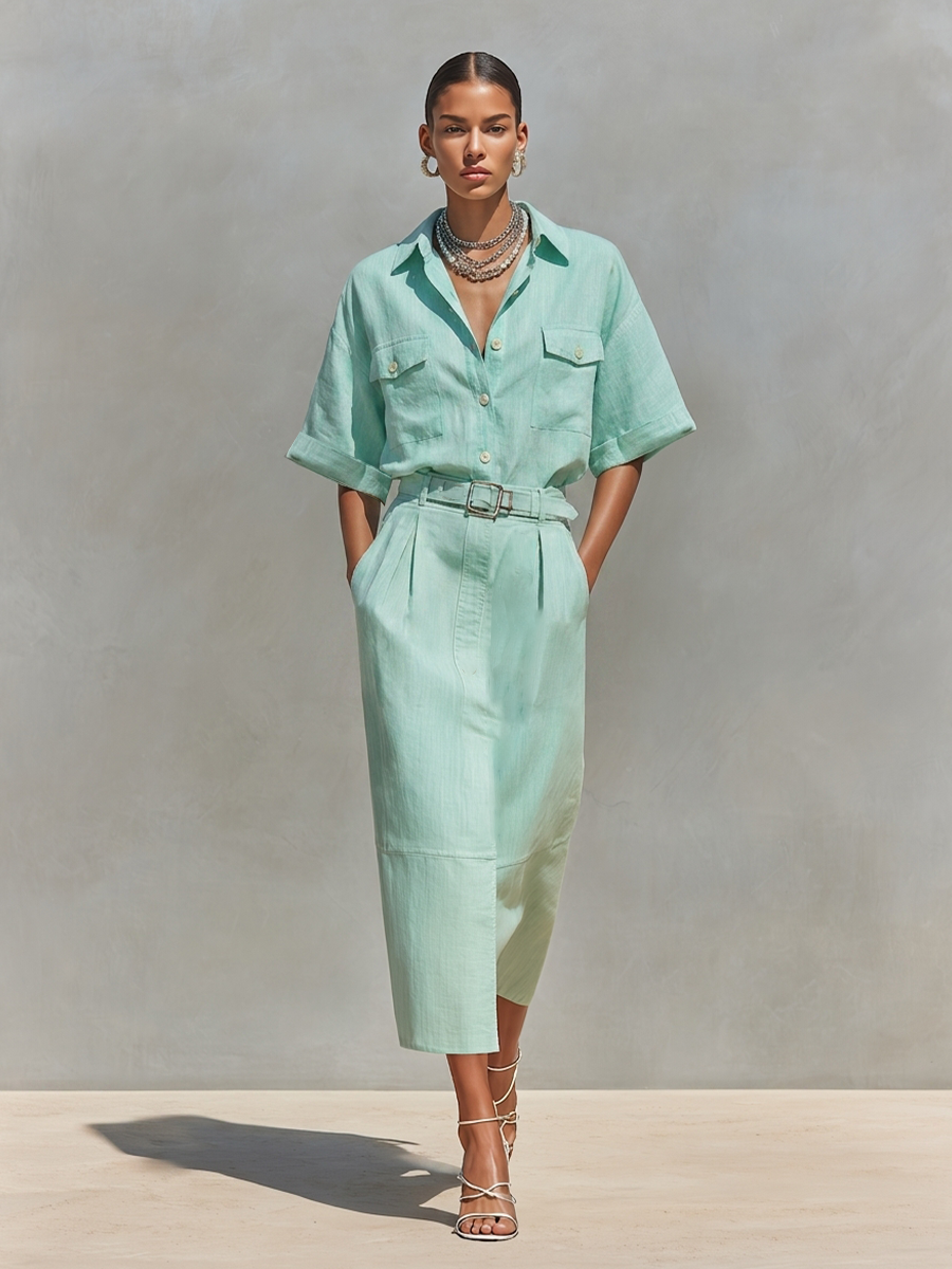 Mint Green Linen Belted Shirt Dress