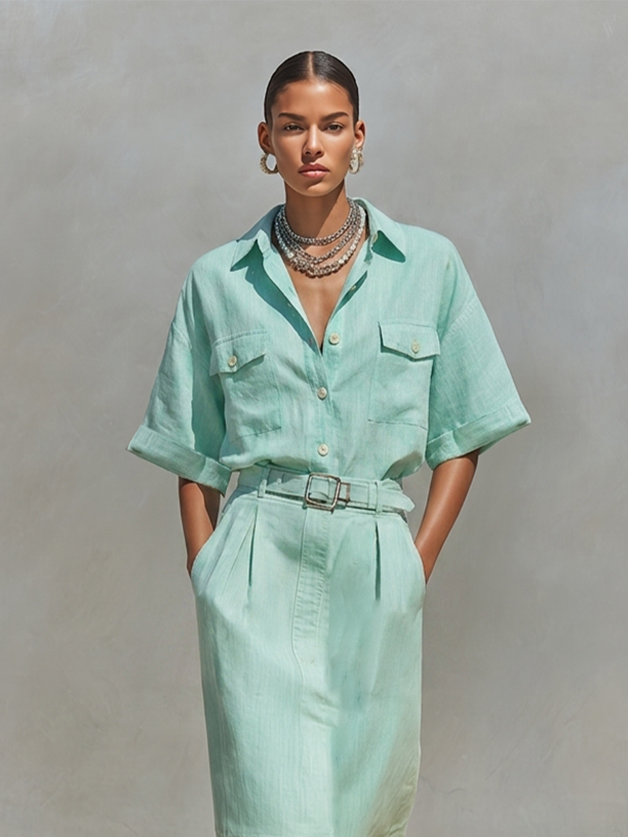 Mint Green Linen Belted Shirt Dress