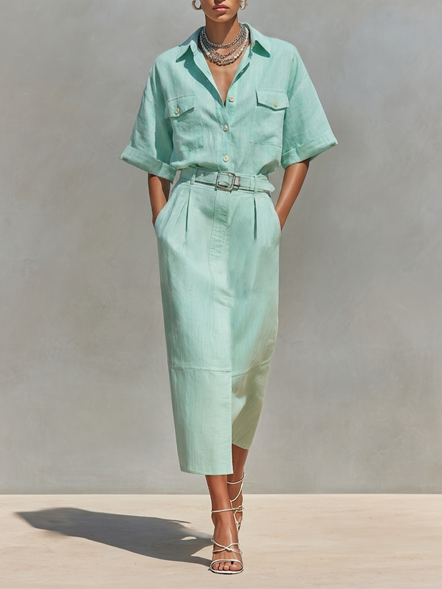 Mint Green Linen Belted Shirt Dress