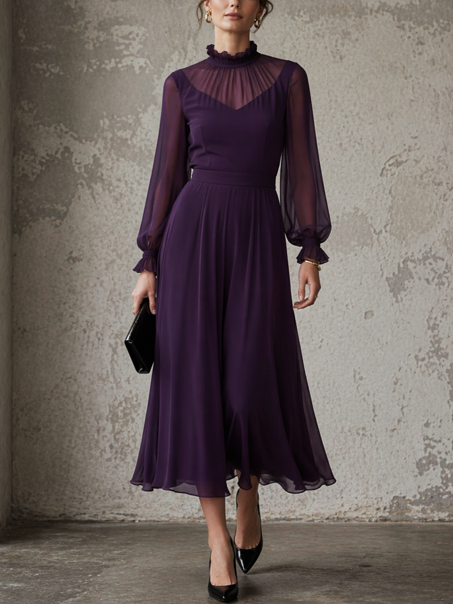 Purple Chiffon Lantern Sleeve High-Neck A-Line Dress