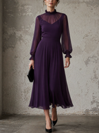 Purple Chiffon Lantern Sleeve High-Neck A-Line Dress