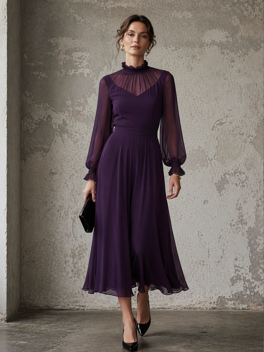 Purple Chiffon Lantern Sleeve High-Neck A-Line Dress
