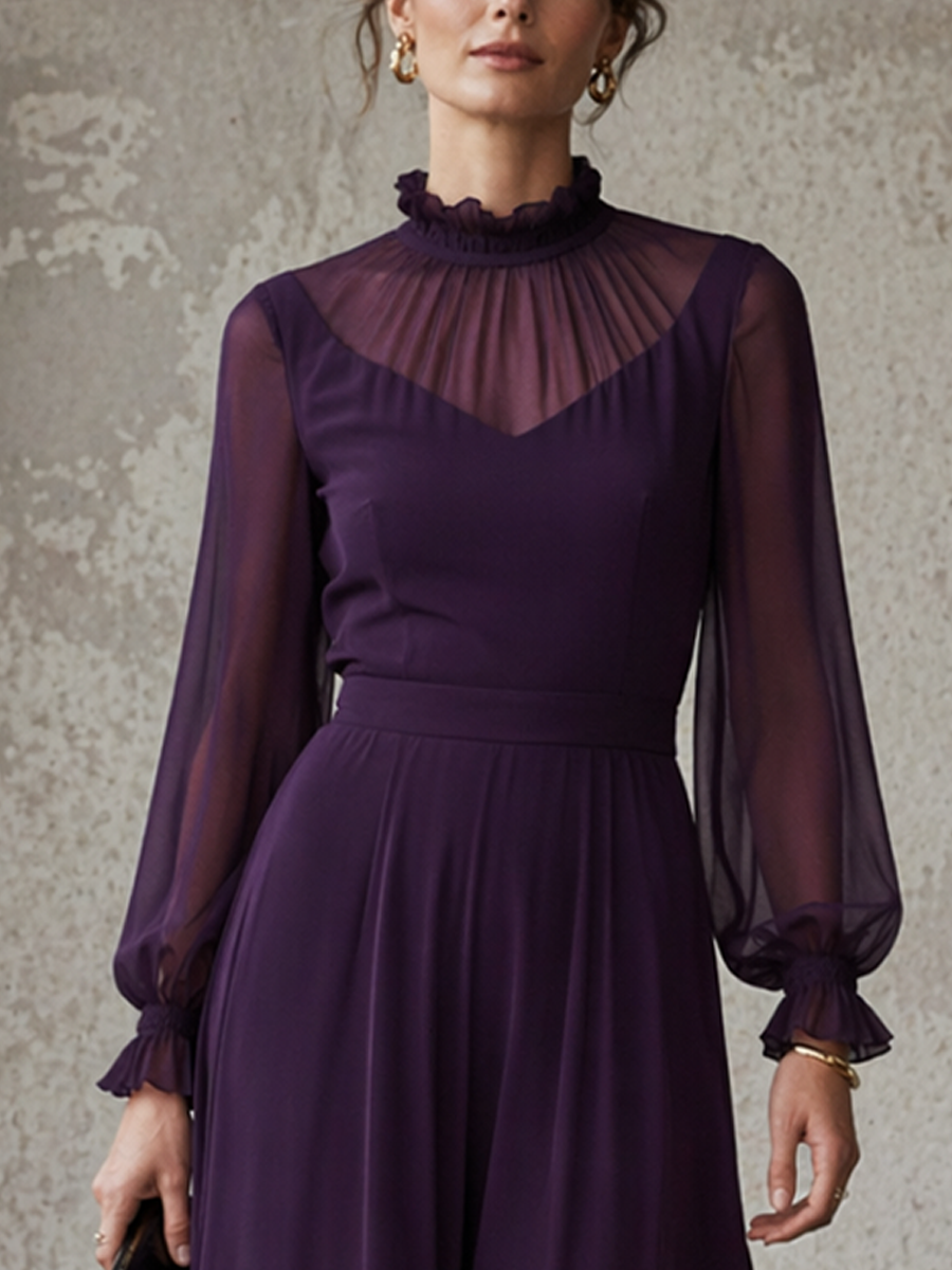 Purple Chiffon Lantern Sleeve High-Neck A-Line Dress