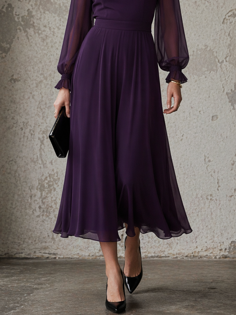 Purple Chiffon Lantern Sleeve High-Neck A-Line Dress
