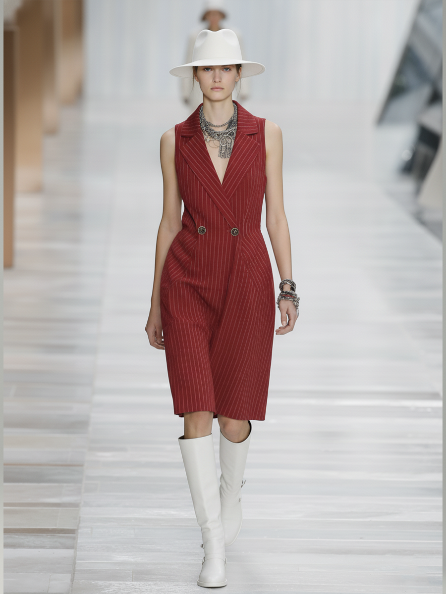 Red & White Striped V-Neck Metal Button Midi Dress