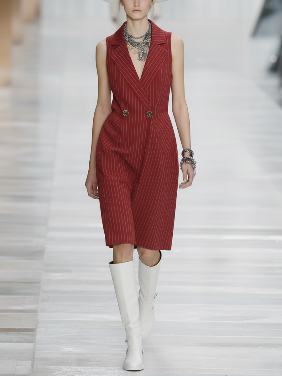 Red & White Striped V-Neck Metal Button Midi Dress