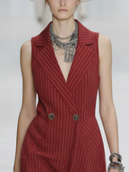 Red & White Striped V-Neck Metal Button Midi Dress