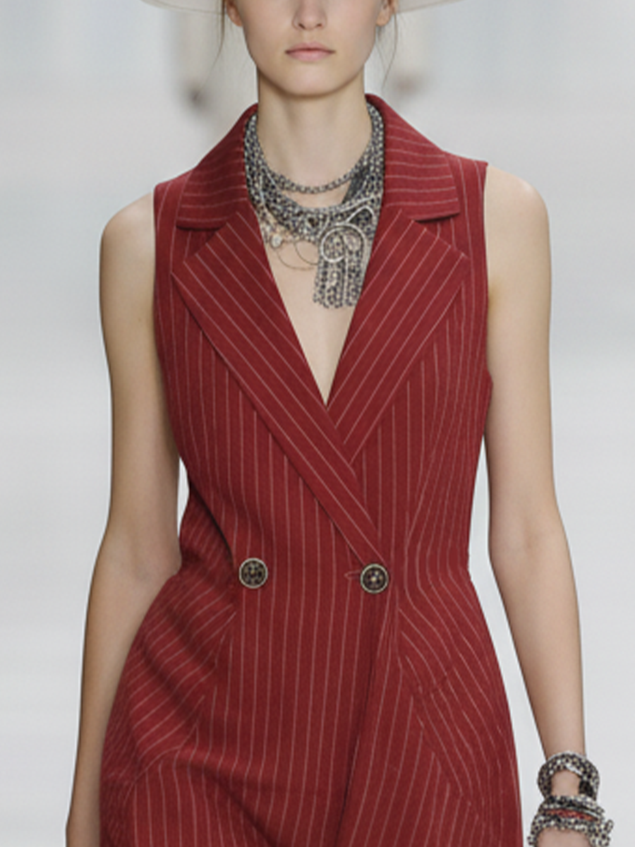 Red & White Striped V-Neck Metal Button Midi Dress
