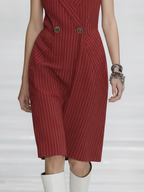 Red & White Striped V-Neck Metal Button Midi Dress
