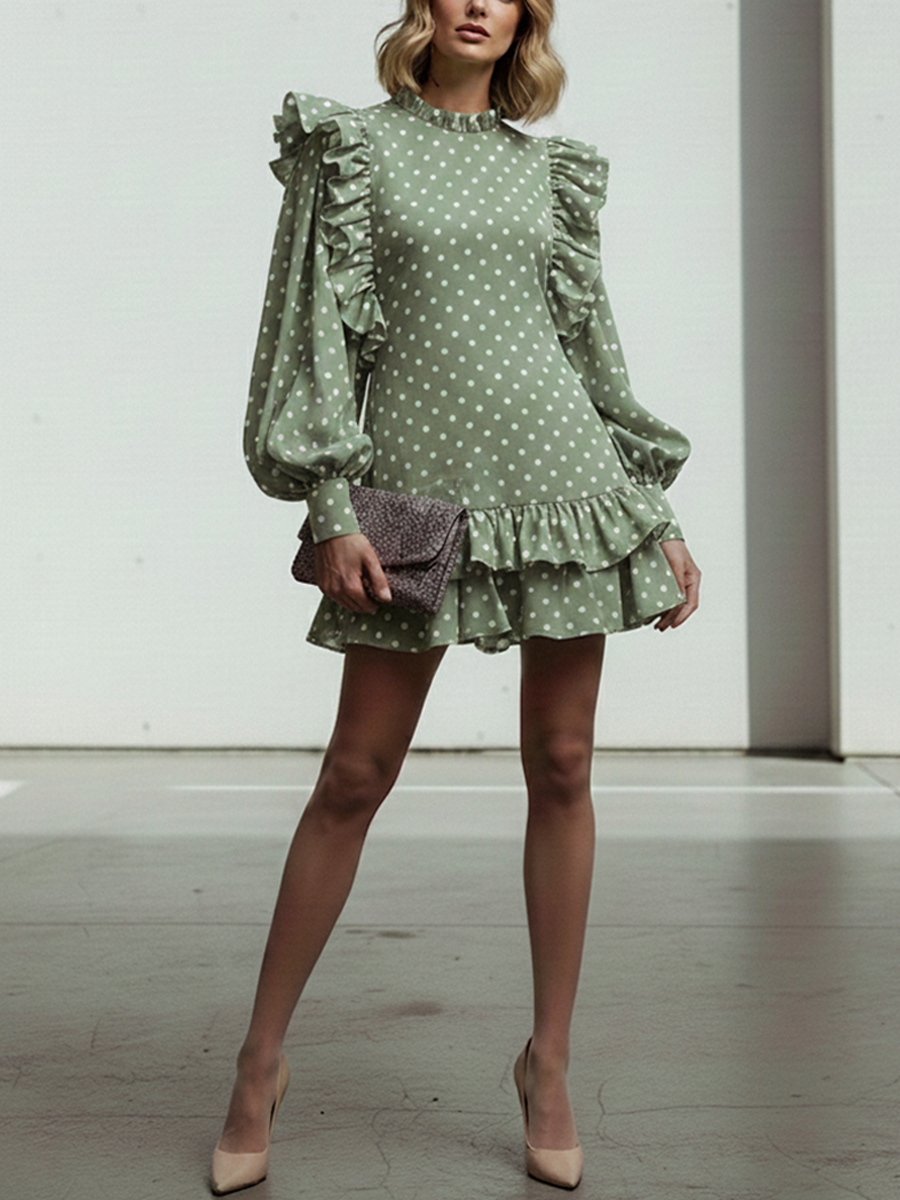 Green Polka Dot Ruffled Lantern Sleeve Mini Dress