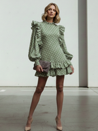 Green Polka Dot Ruffled Lantern Sleeve Mini Dress