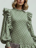 Green Polka Dot Ruffled Lantern Sleeve Mini Dress