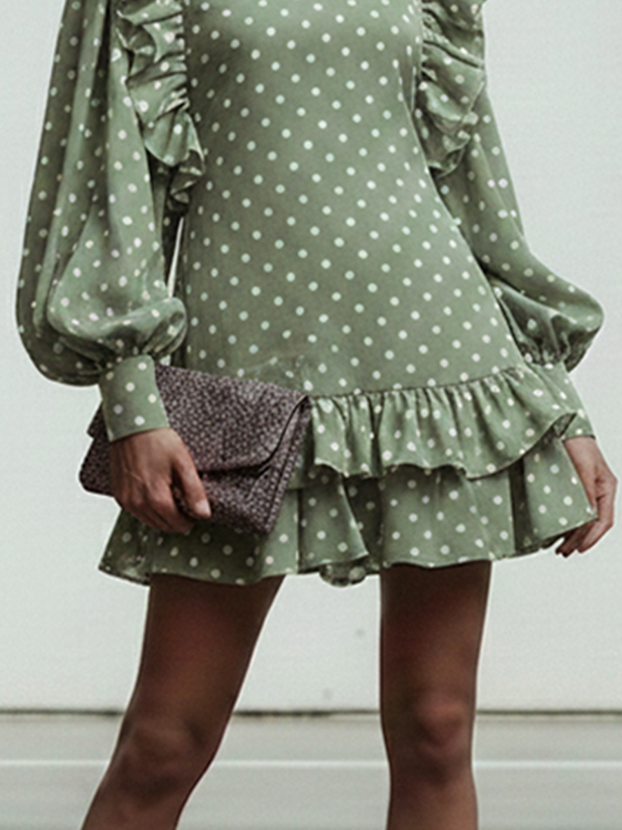 Green Polka Dot Ruffled Lantern Sleeve Mini Dress