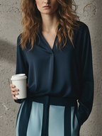 Navy Satin V-Neck Shirt & Color-Block Striped Wide-Leg Set