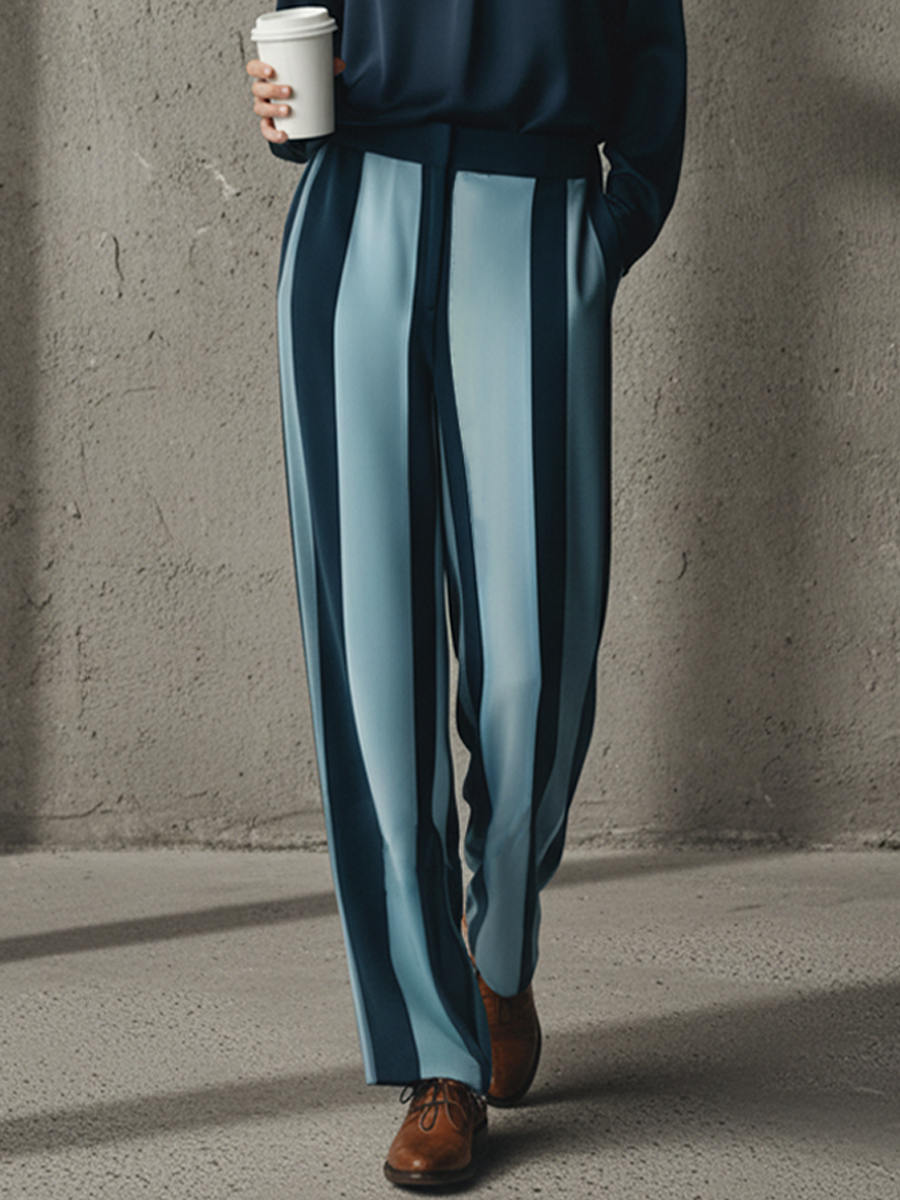 Navy Satin V-Neck Shirt & Color-Block Striped Wide-Leg Set