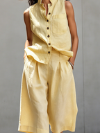Women's Casual Yellow Cotton-Linen Sleeveless Crew-Neck Top Paired With Mid-Length Pants MDZ1741D8LXY