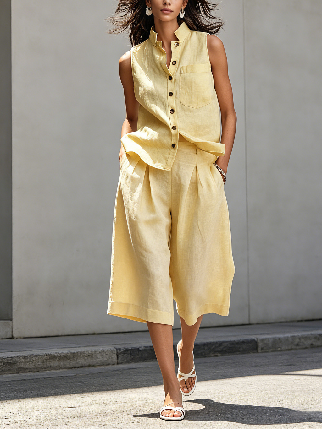 Women's Casual Yellow Cotton-Linen Sleeveless Crew-Neck Top Paired With Mid-Length Pants MDZ1741D8LXY