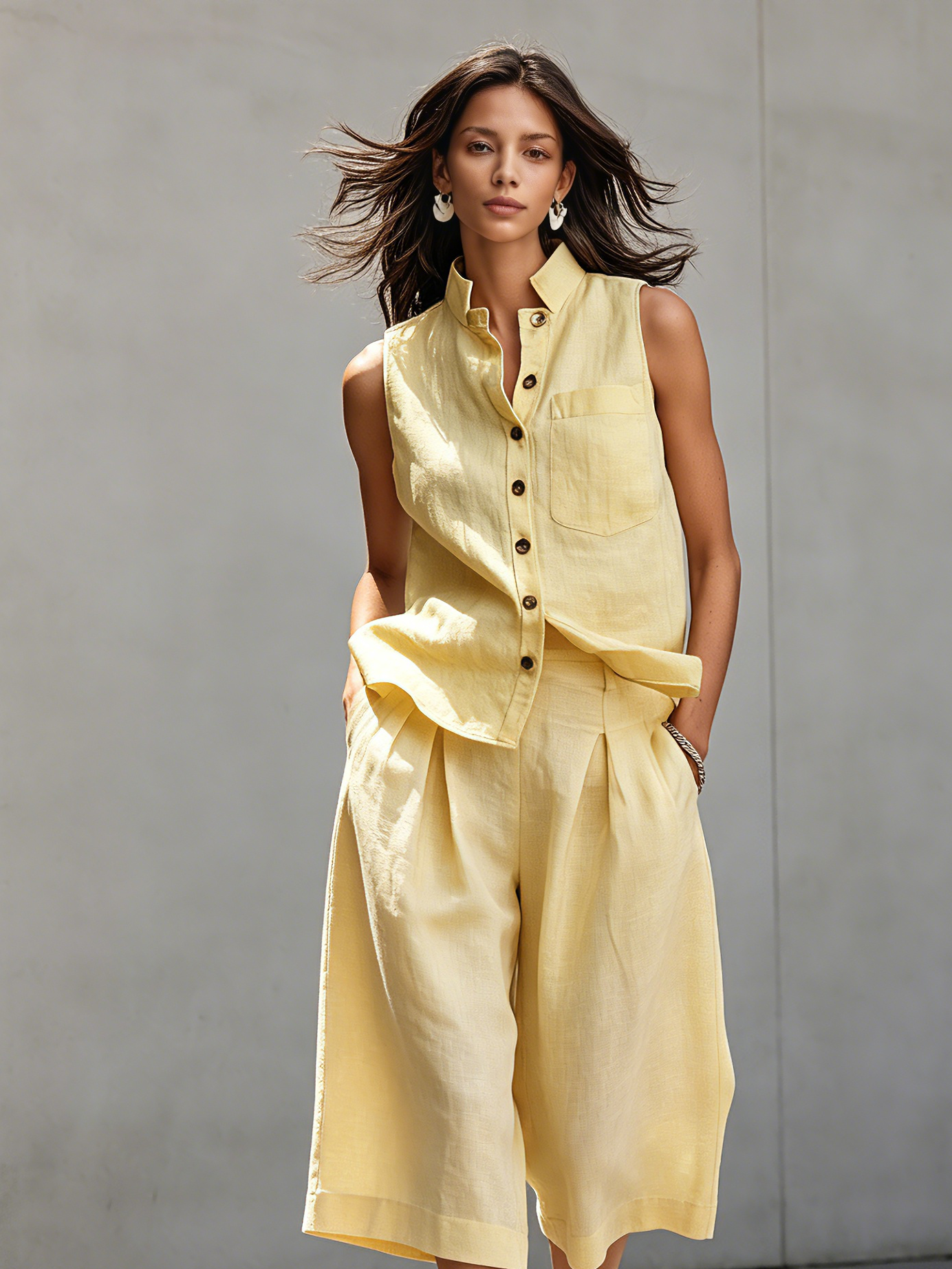 Women's Casual Yellow Cotton-Linen Sleeveless Crew-Neck Top Paired With Mid-Length Pants MDZ1741D8LXY