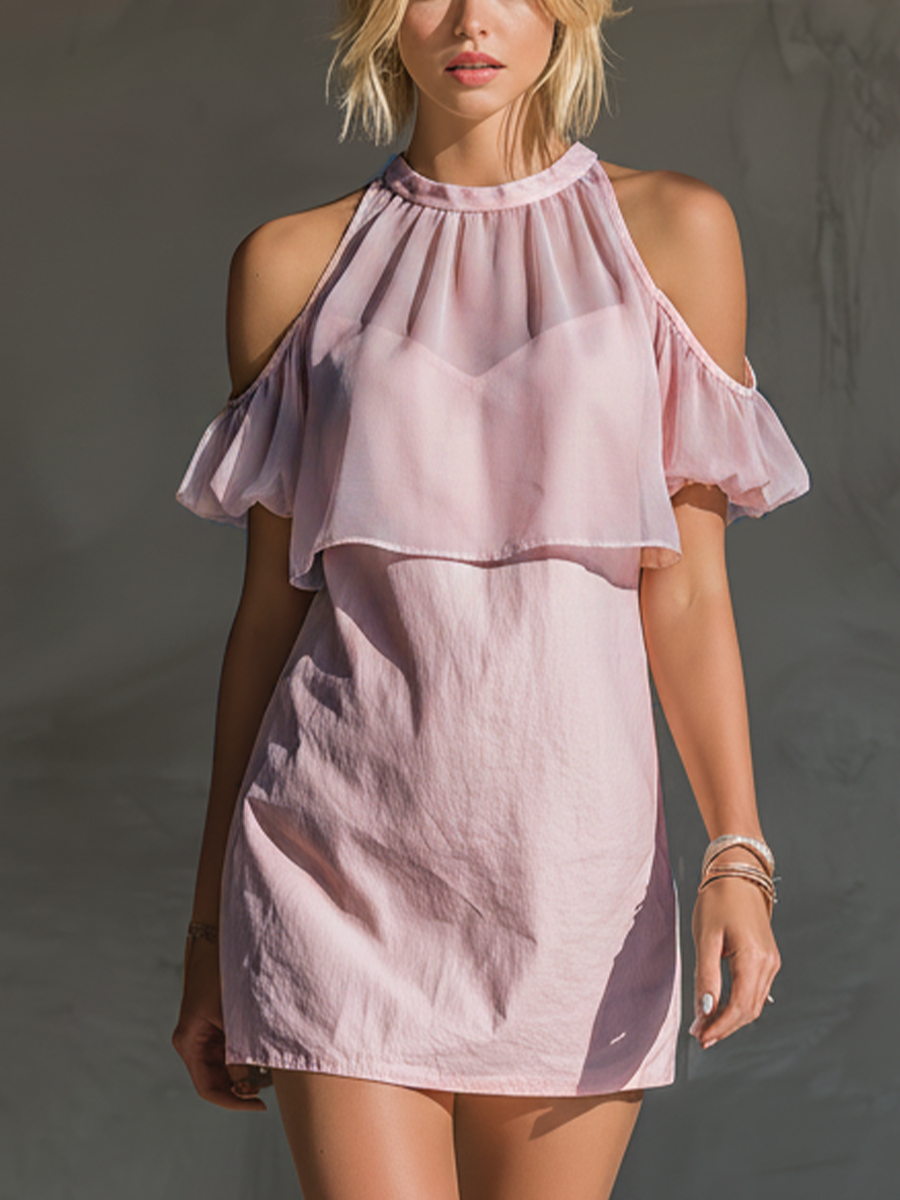 Women's Light Purple Chiffon Off-Shoulder Straight-Cut Dress Featuring Ruffled Sleeves And A Layered Cotton-Linen Bodice MDZ1736D4T