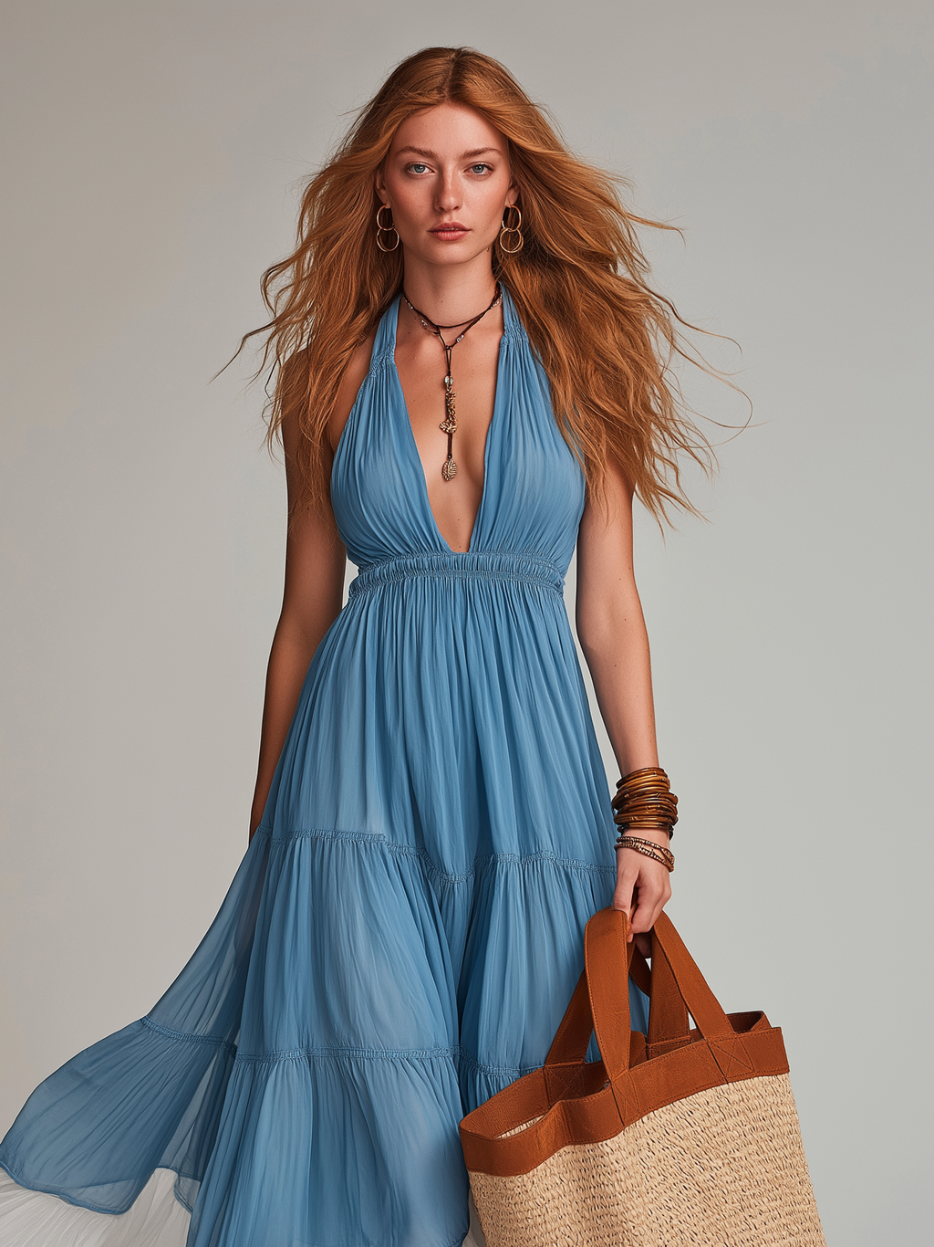 Women's Casual Light Blue Chiffon Sleeveless V-Neck Maxi Dress MDZ1741D5LXY