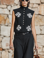 Women’s Black Floral Embroidery Stand Collar Sleeveless Top & High-Waisted Wide-Leg Pants Two-Piece Set (Without Belt) MDZ1725D3T