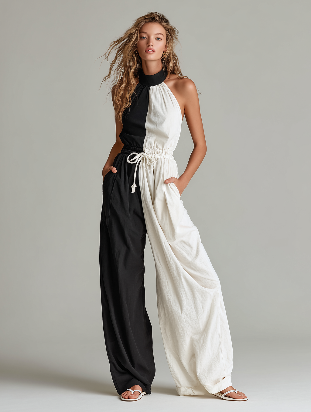 Black & White Woven Crew-Neck Sleeveless Jumpsuit
