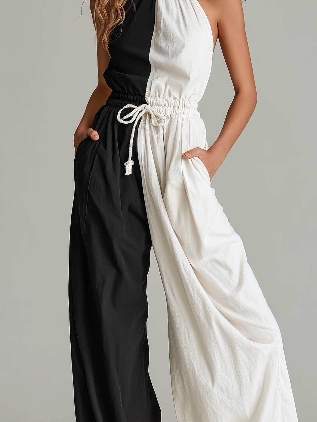 Black & White Woven Crew-Neck Sleeveless Jumpsuit