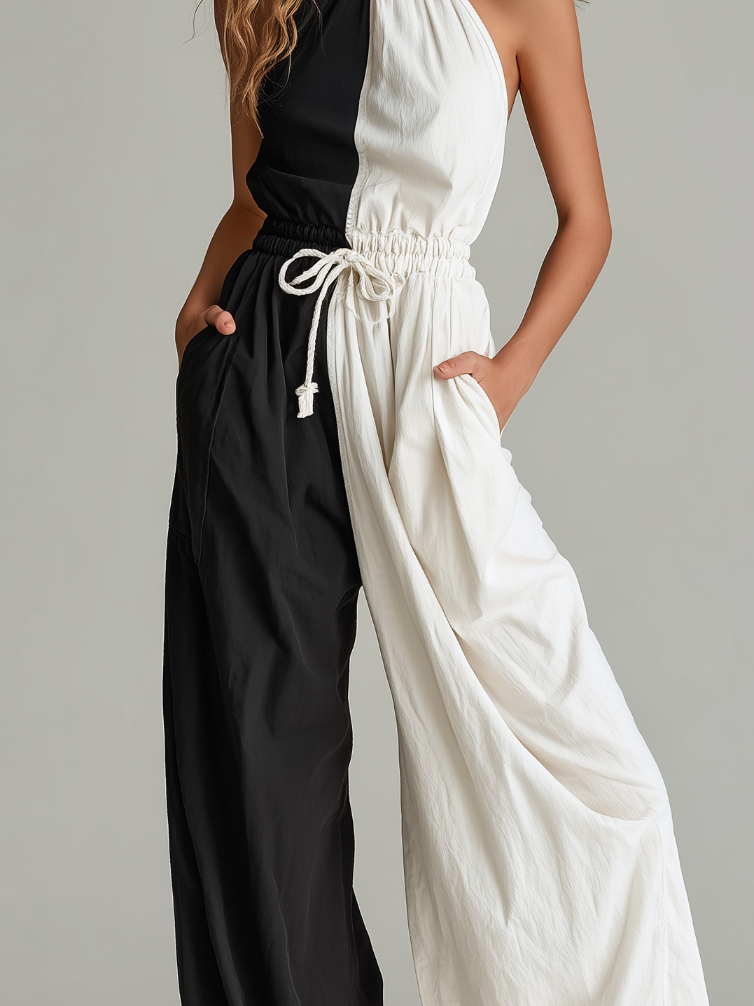 Black & White Woven Crew-Neck Sleeveless Jumpsuit