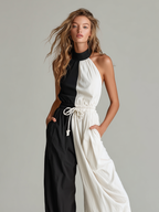 Black & White Woven Crew-Neck Sleeveless Jumpsuit