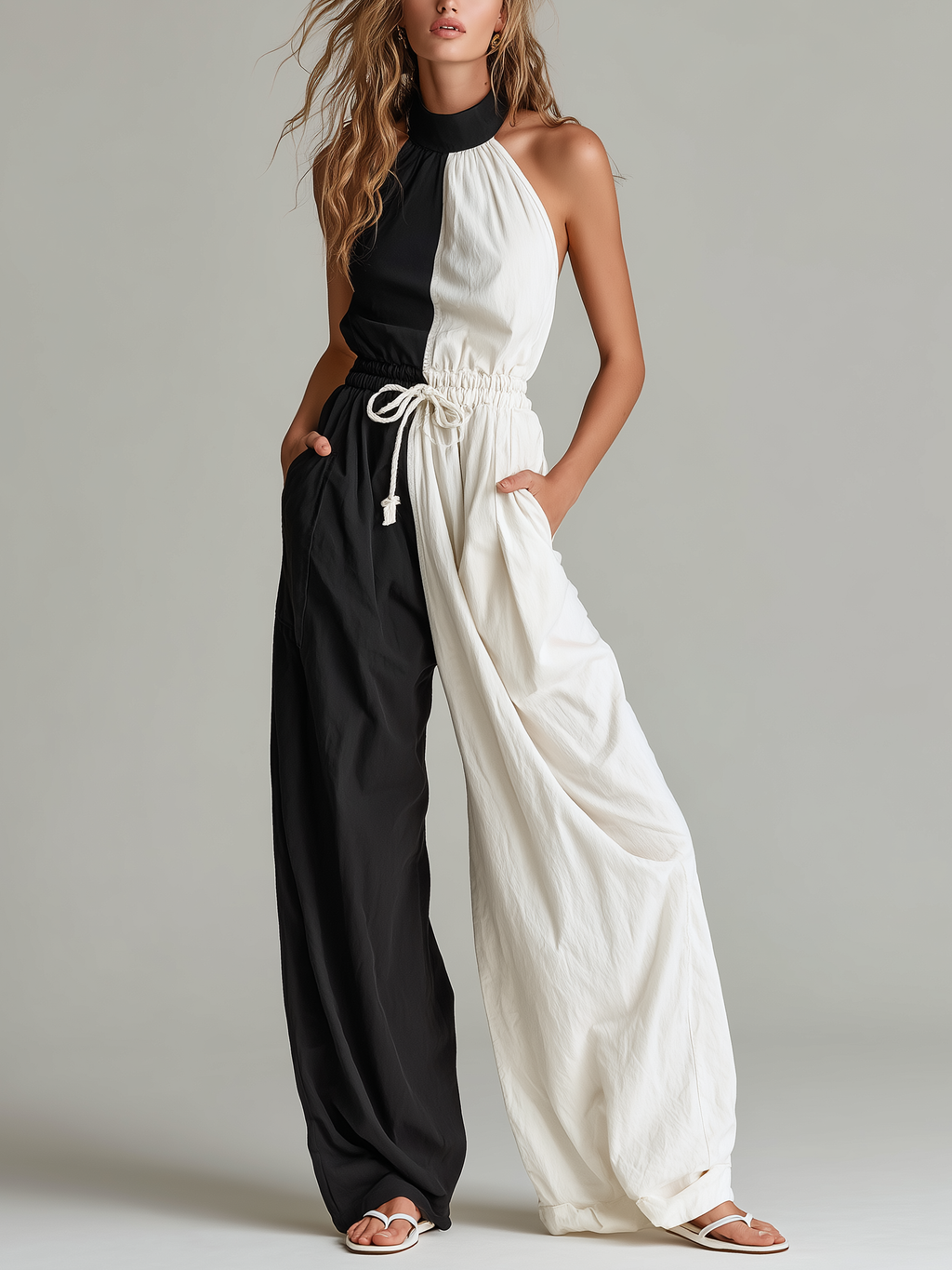 Black & White Woven Crew-Neck Sleeveless Jumpsuit