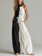 Black & White Woven Crew-Neck Sleeveless Jumpsuit
