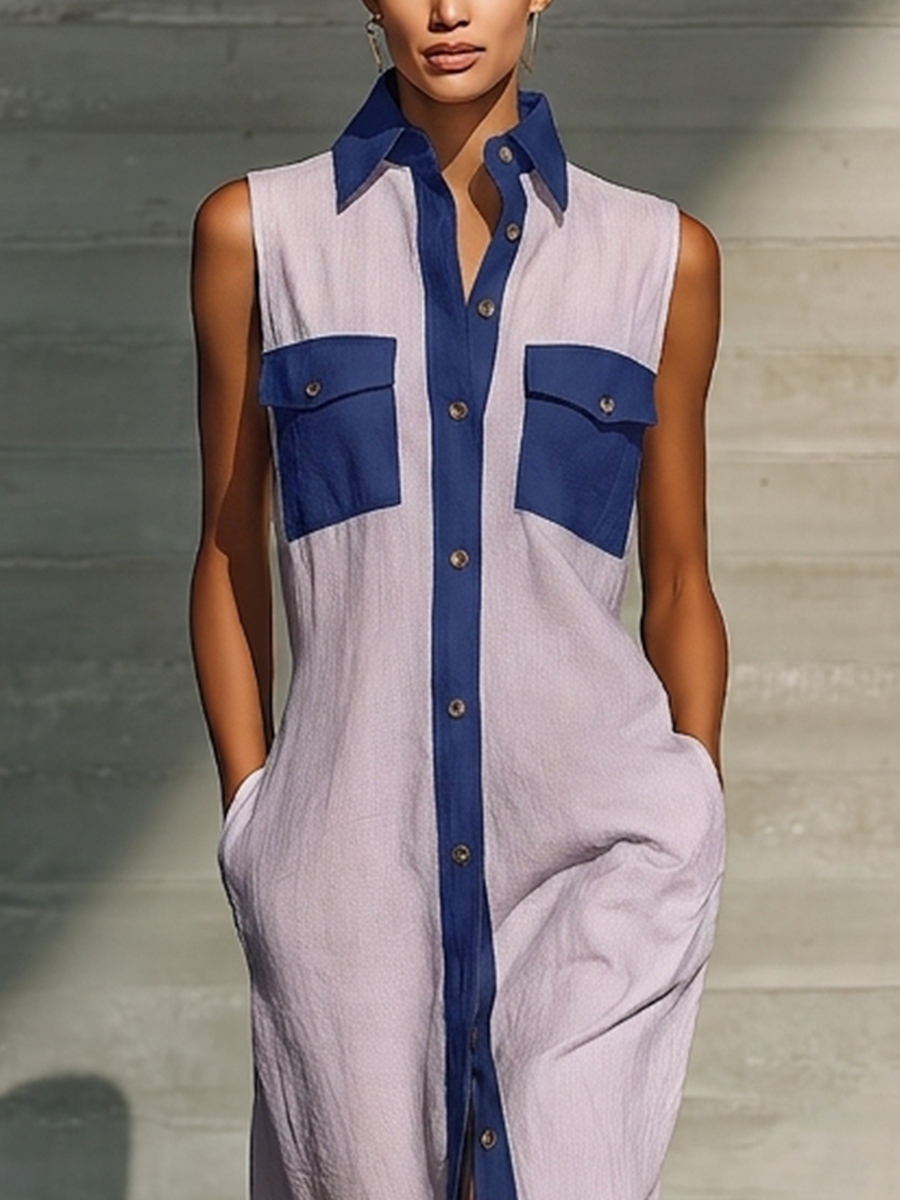 Women’s Lavender & Navy Contrast Trim Sleeveless Button-Down Shirt Maxi Dress With Pockets MDZ1763D5T