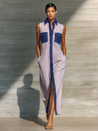 Women’s Lavender & Navy Contrast Trim Sleeveless Button-Down Shirt Maxi Dress With Pockets MDZ1763D5T
