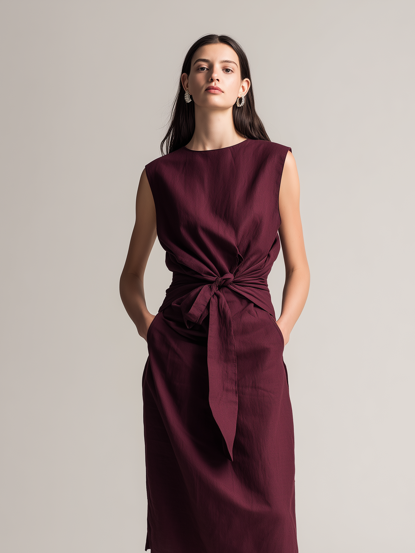 Women's Casual Dark Red Cotton-Linen Sleeveless Midi Dress With Round Neck MDZ1729D7LXY