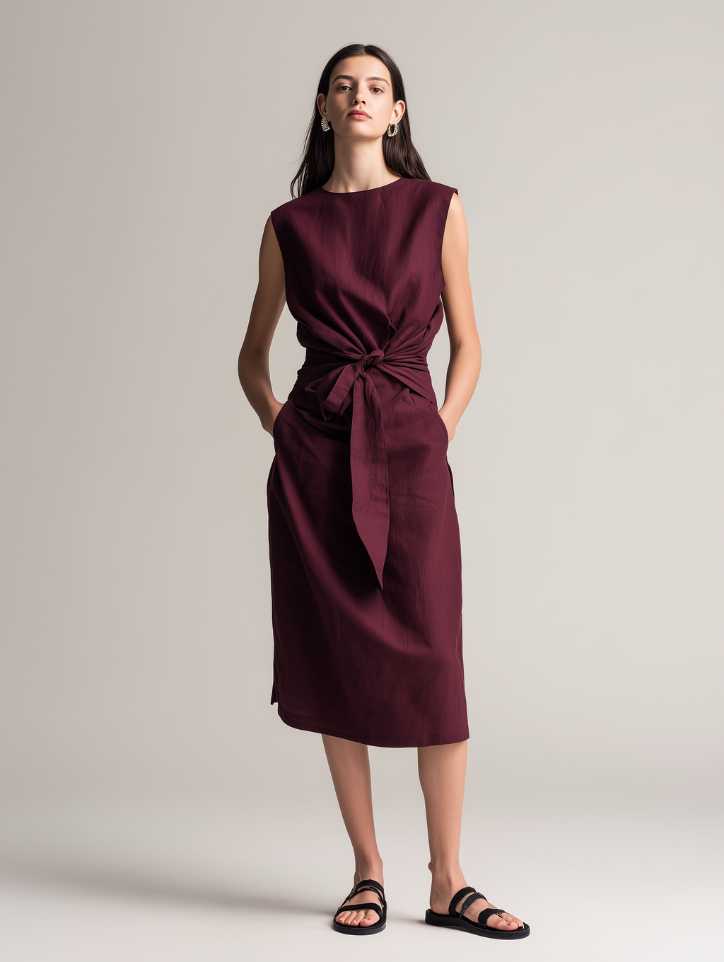 Women's Casual Dark Red Cotton-Linen Sleeveless Midi Dress With Round Neck MDZ1729D7LXY