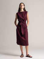Women's Casual Dark Red Cotton-Linen Sleeveless Midi Dress With Round Neck MDZ1729D7LXY