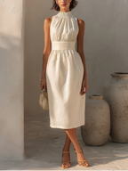 Cream Linen Smocked High-Neck Waisted Midi Dress
