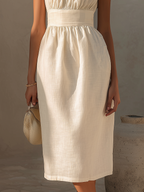 Cream Linen Smocked High-Neck Waisted Midi Dress