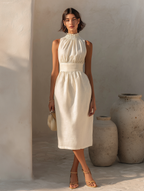 Cream Linen Smocked High-Neck Waisted Midi Dress