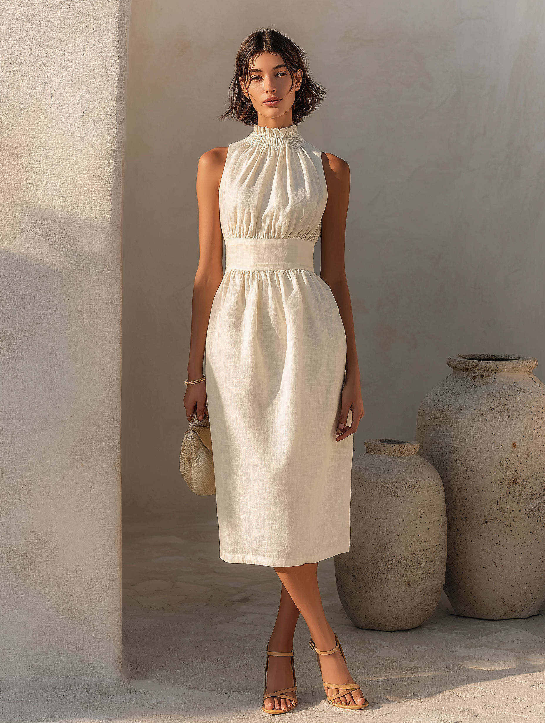 Cream Linen Smocked High-Neck Waisted Midi Dress