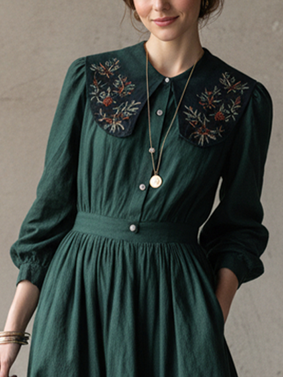 Women’s Retro Dark Green Cotton Linen Embroidered Collar Fitted Waist Long Dress MDZ1737D0GMJ