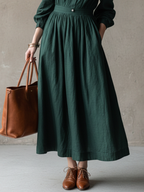 Women’s Retro Dark Green Cotton Linen Embroidered Collar Fitted Waist Long Dress MDZ1737D0GMJ